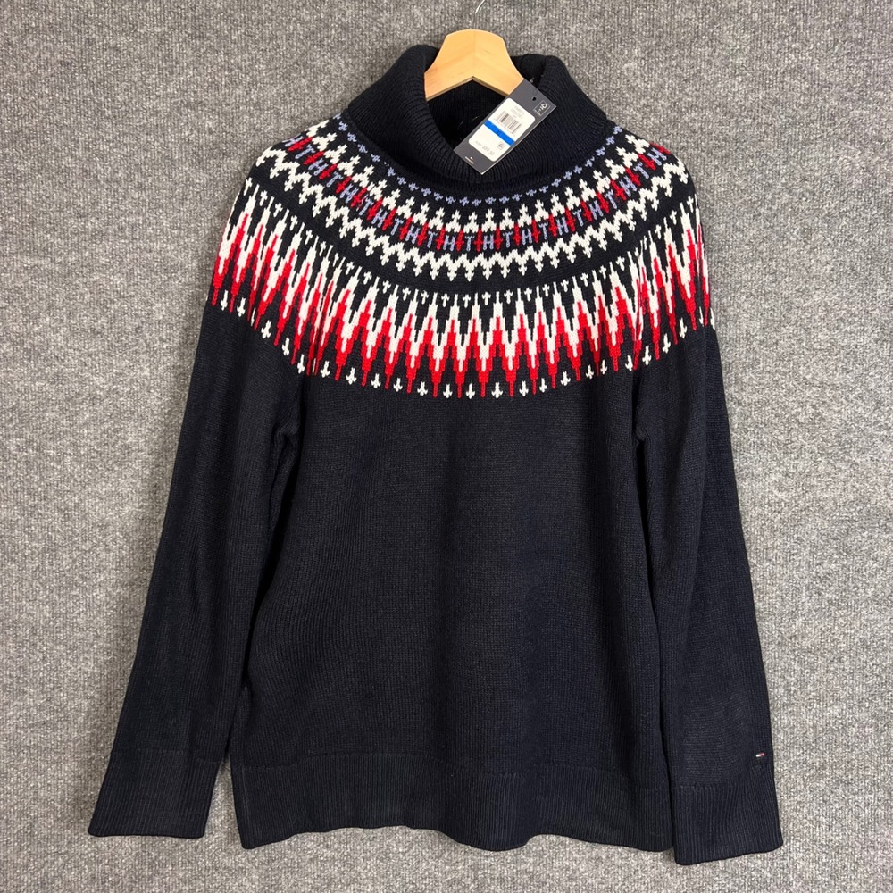 NEW Tommy Hilfiger Fair Isle Sweater Womens XL Navy Blue NWT Turtleneck Pullover